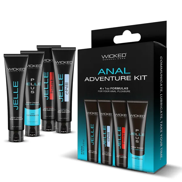 Wicked Anal Adventure Kit with four black tubes and turquoise retail box