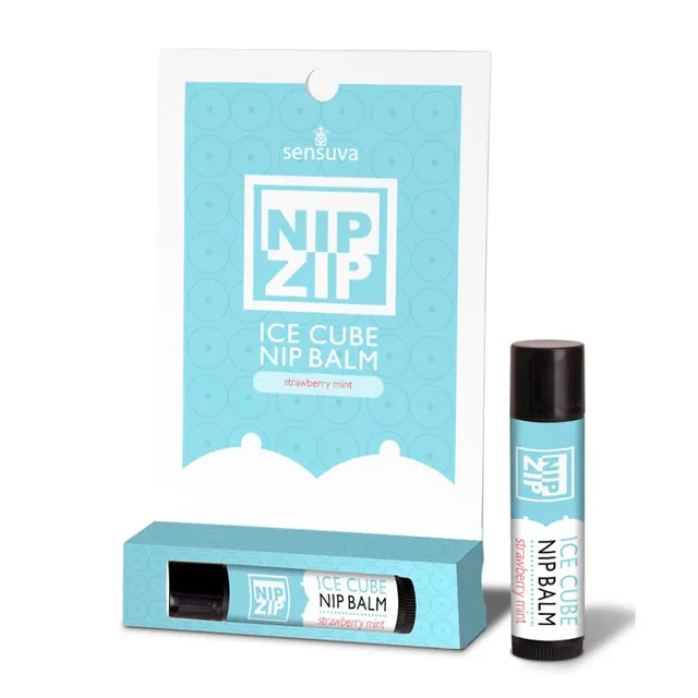Sensuva Nip Zip Strawberry Mint Balm white tube with black cap beside turquoise carton