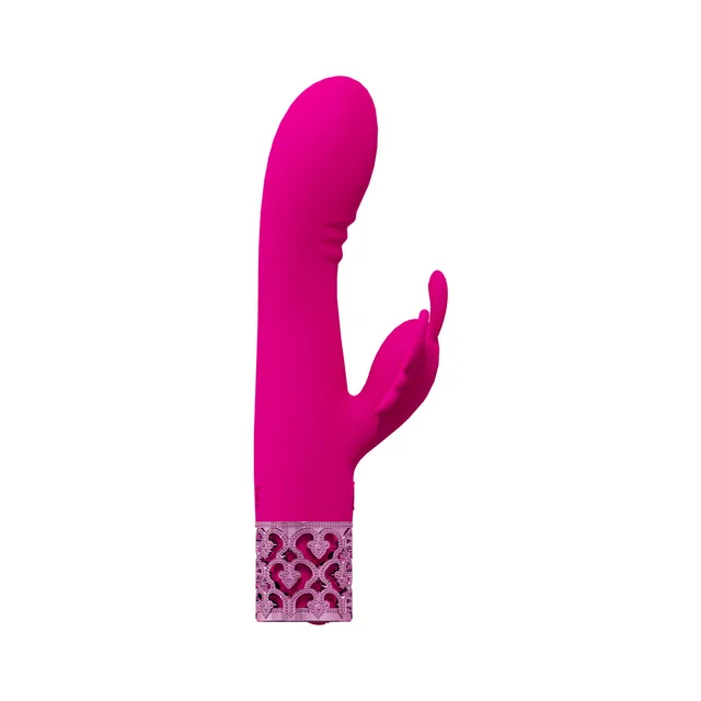 vivid pink Royal Gems Monarch vibrator with small curved arm and jeweled base