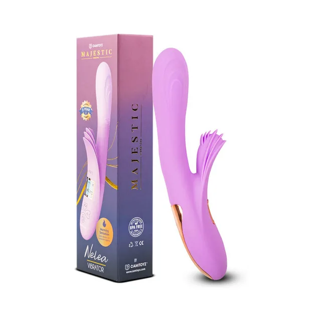 Camtoyz Nelea magenta heated rabbit vibrator beside tall purple retail box
