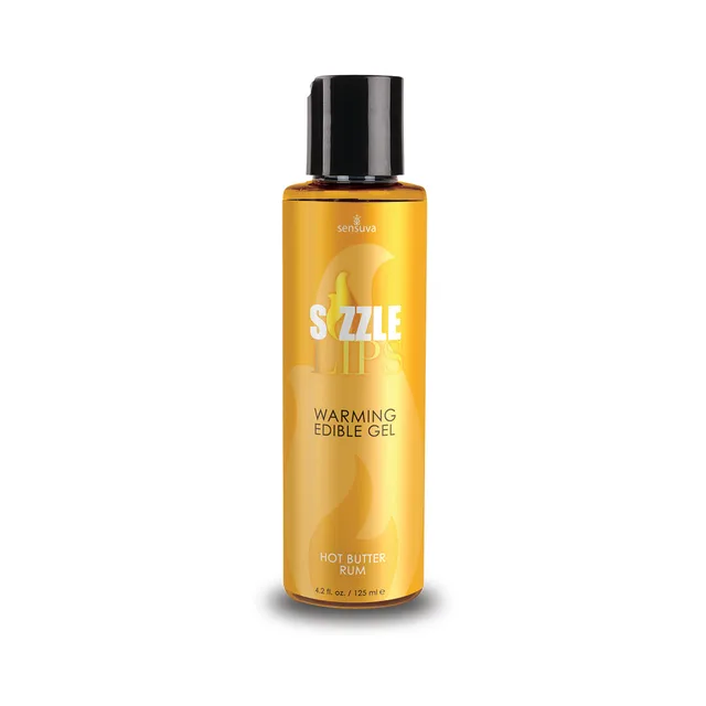 Sensuva Sizzle Lips Hot Butter Rum Gel orange bottle with black cap and amber label