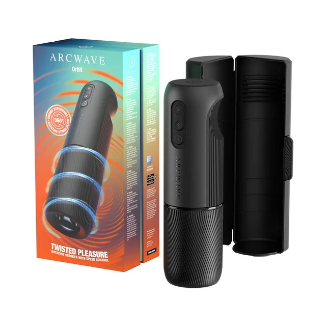 Arcwave Orbit black rotating app-enabled stroker beside its open storage case and colorful retail box