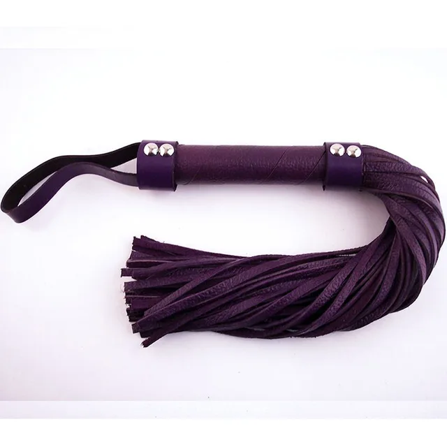 Rouge Purple Leather H-Style Flogger purple wrapped handle with wrist loop and bundle of flat falls