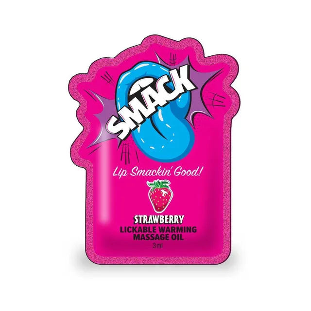 Front of pink Strawberry Smack 3 mL massage oil pouch