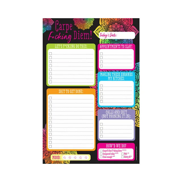 black Carpe Fucking Diem planning pad with six brightly colored list sections