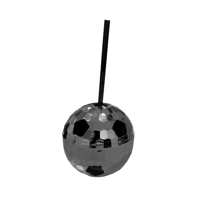Kheper Games silver Soccer Ball Disco Cup with mirrored faceted panels and a long black straw