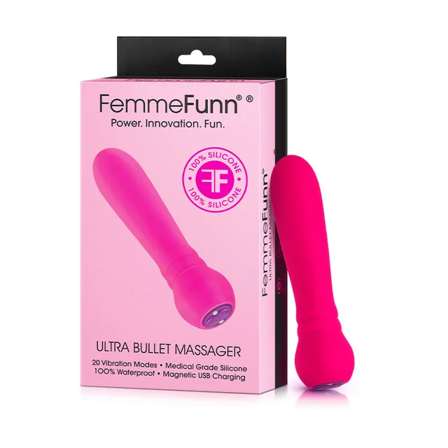 FemmeFunn Ultra Pink Bullet Vibrator pink cylindrical bullet beside pink white retail carton