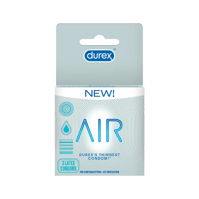 Pale blue Durex Air carton containing three ultra-thin condoms