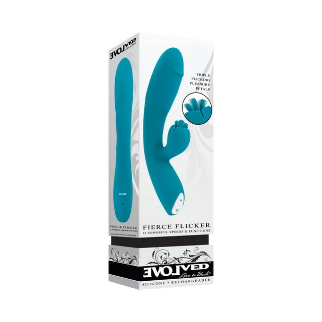 Evolved Fierce Flicker retail box with teal dual vibrator