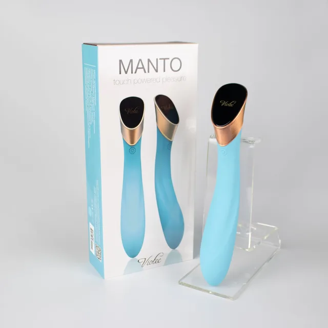 Viotec Manto blue G-spot vibrator beside retail box and stand
