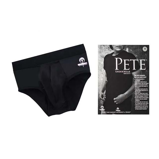 SpareParts Pete brief black size XL brief beside Pete packaging