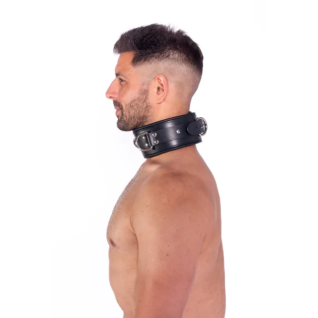 Side view of Prowler RED S/M leather collar showing buckle and ring