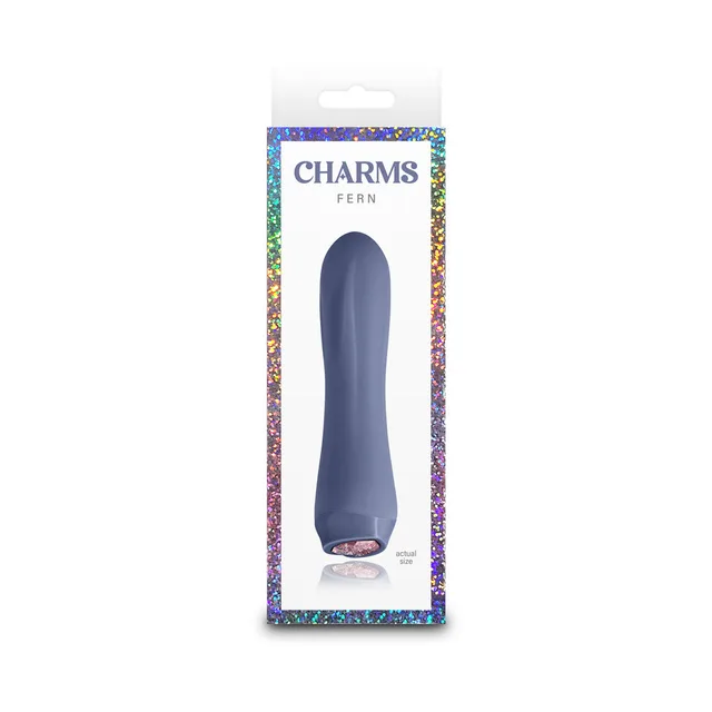 gray Charms Fern slim vibrator pictured in holographic white box