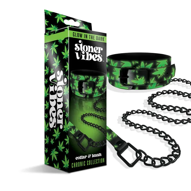 Stoner Vibes cannabis collar and long black chain beside retail box