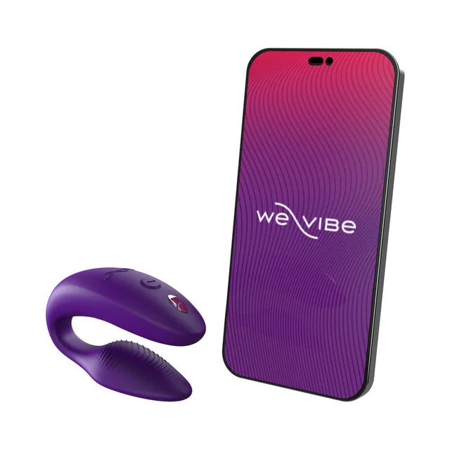 Purple Sync 2 beside phone displaying We-Vibe app