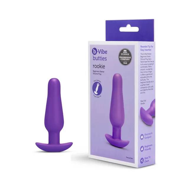Purple b-Vibe Rookie plug beside retail box