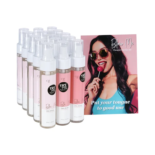 CG Blow Me gel bottles arranged with pink display card