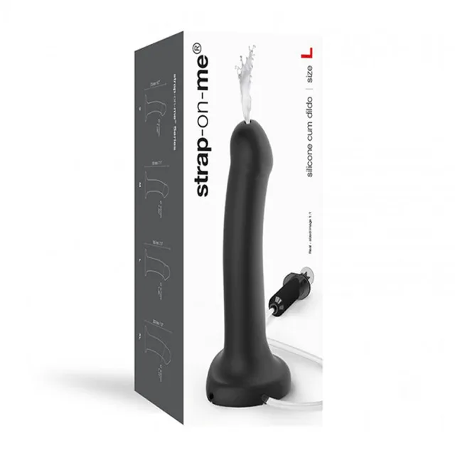 Large black Strap-On-Me silicone cum dildo with tubing and box
