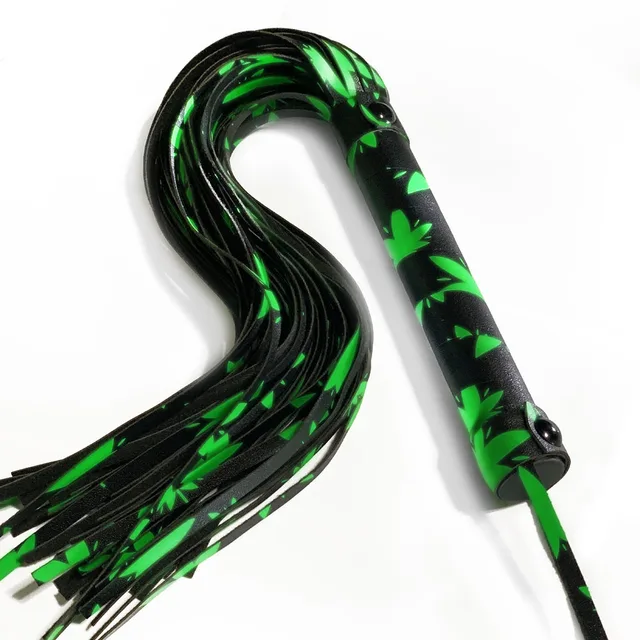 cannabis print wrapped flogger handle with green black strands