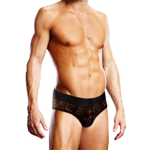 Front view of black floral-lace Prowler brief size L