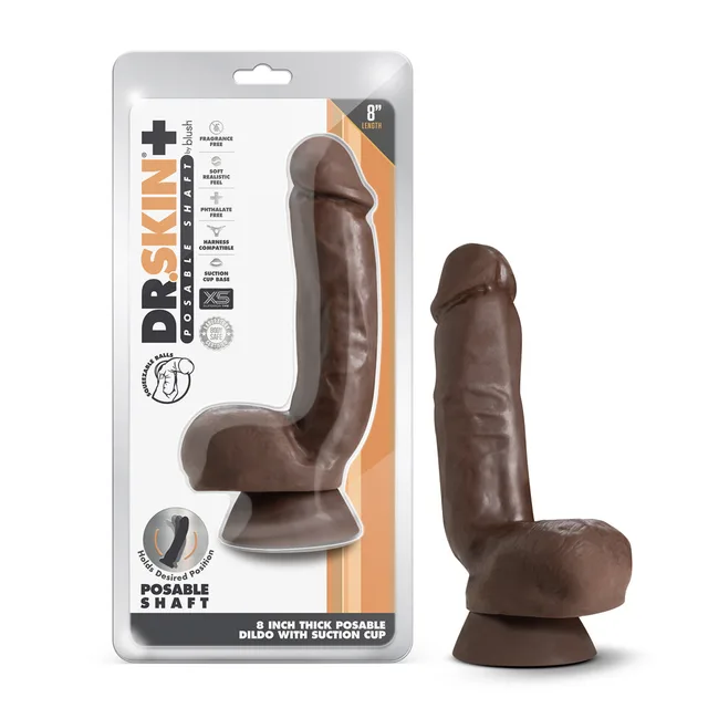 Dr. Skin Plus Thick brown 8-inch dildo beside retail package