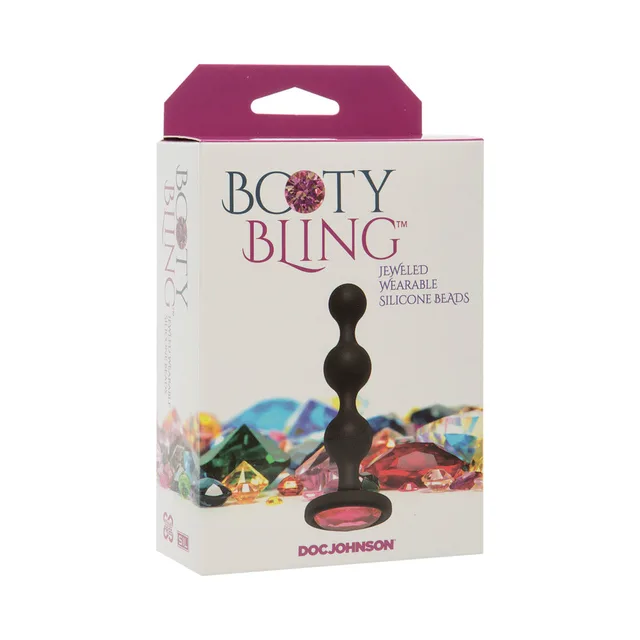 Doc Johnson Booty Bling pink silicone beads beside white jeweled retail box