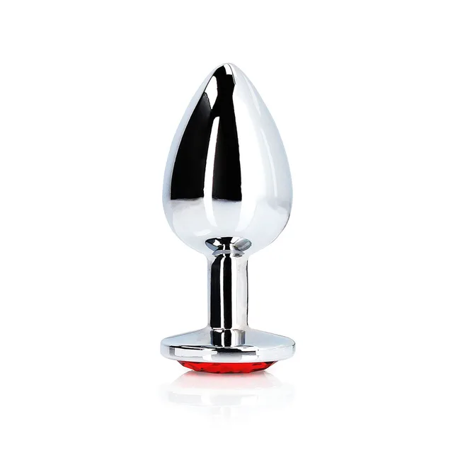 Shots Ouch small silver metal butt plug with round ruby red gem upright tapered plug