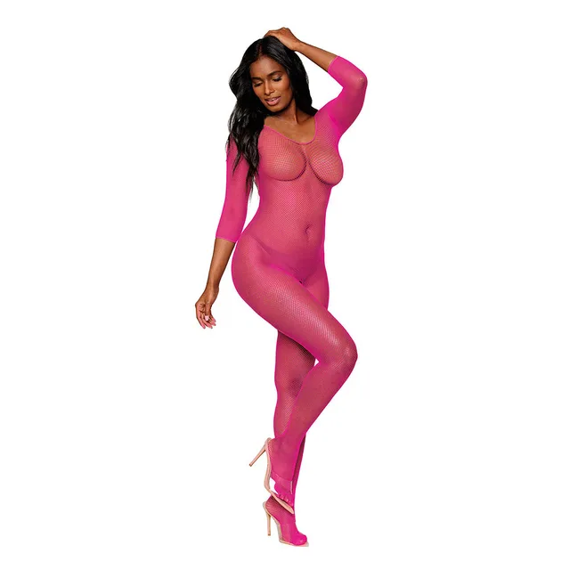 Dreamgirl neon pink three-quarter sleeve fishnet bodystocking front full-length model view