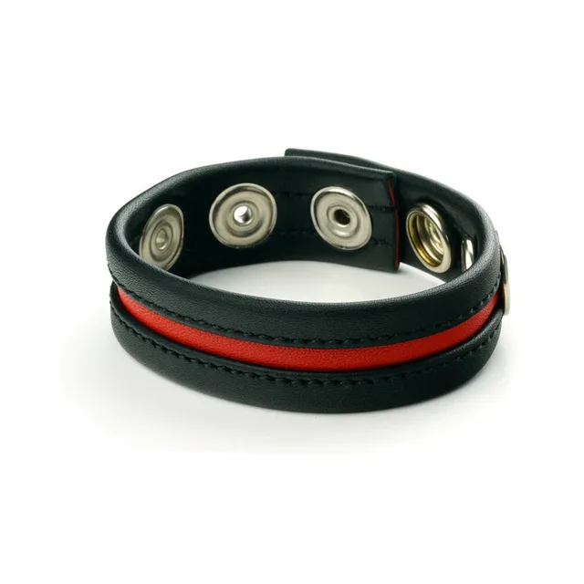 Black Prowler RED leather cock strap with red center stripe fastened round