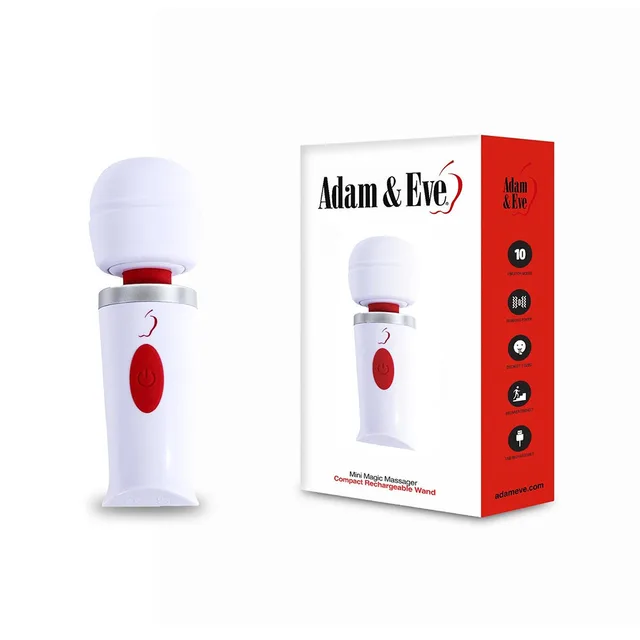 Adam and Eve Mini Magic white massager beside white and red retail box