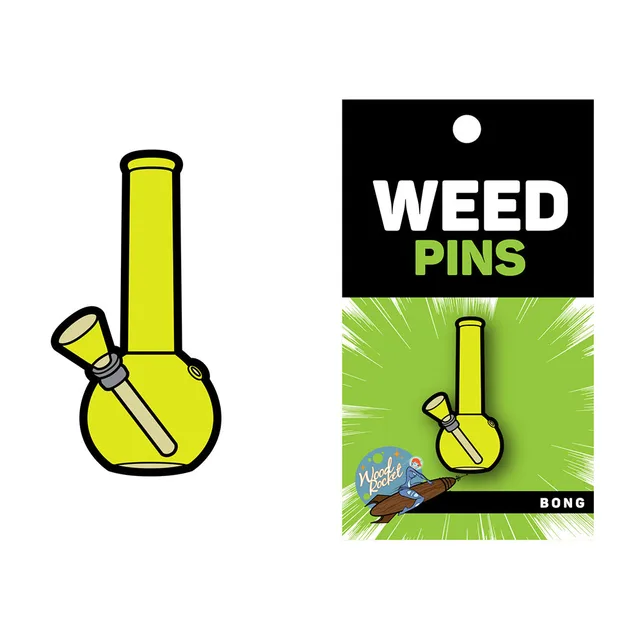 Yellow-green bong Weed Pin beside black-and-green retail card