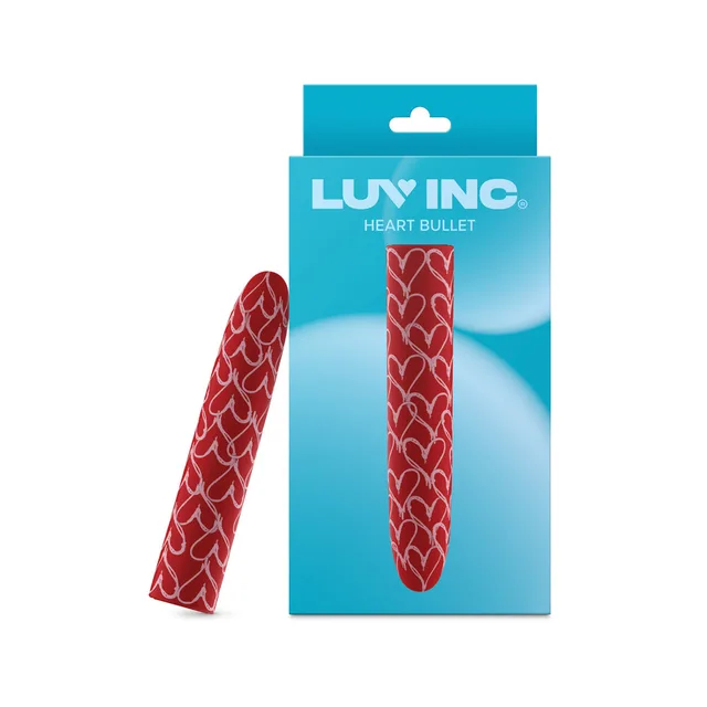 Luv Inc HB82 red heart-pattern bullet vibrator beside blue retail box