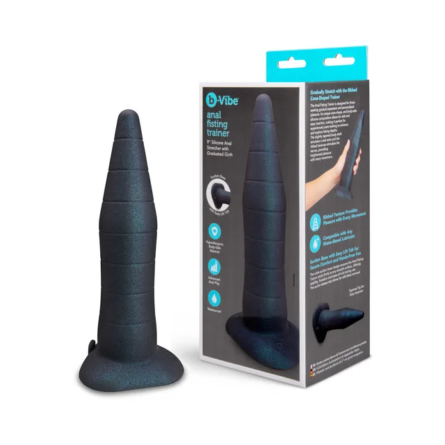 Black b-Vibe Fisting Trainer cone beside retail box