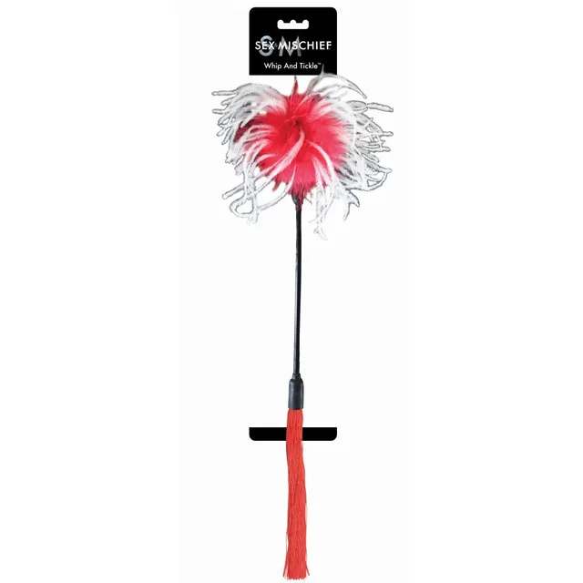 Sex and Mischief Whip and Tickle red white feather end and red tassel handle packaged