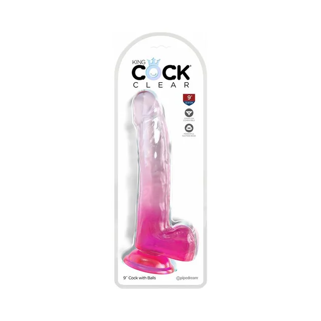 translucent pink King Cock Clear dildo with balls in clamshell