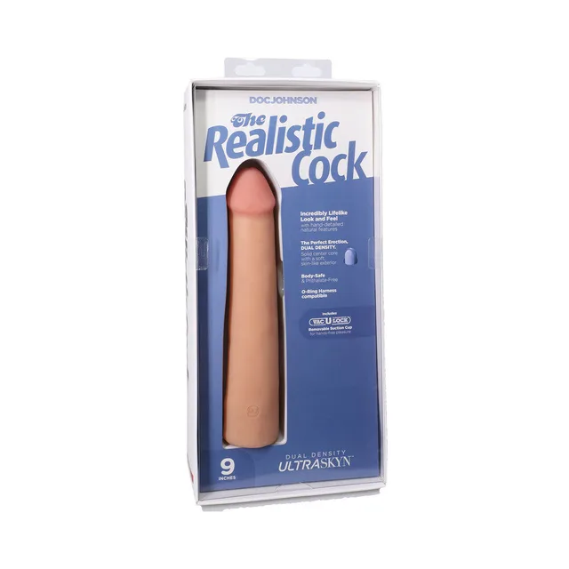 9-inch vanilla Realistic Cock ULTRASKYN dildo inside blue clear-front case