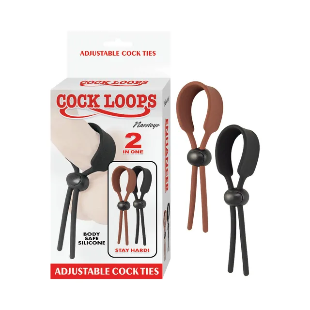 brown and black adjustable Cock Loops beside white two-pack box