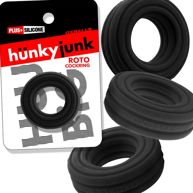 Oxballs Hunkyjunk Roto Black Fog grooved cock ring retail package with three product angles