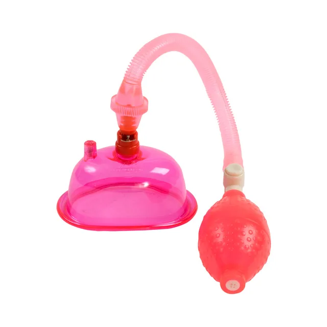Hot pink transparent pump cup with hose and red squeeze bulb