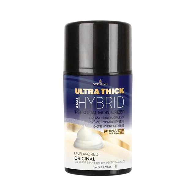 Black 1.7 oz Sensuva Ultra-Thick Anal Hybrid bottle with purple and gold label
