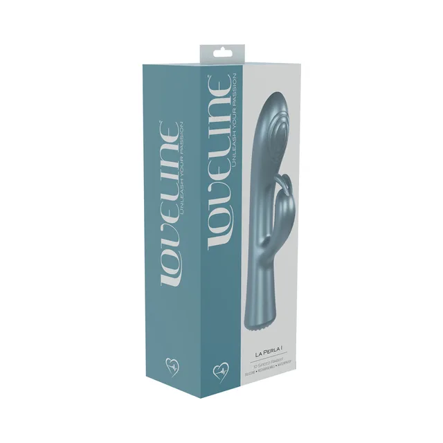 blue LoveLine La Perla I rabbit vibrator with spiral tip pictured on teal box