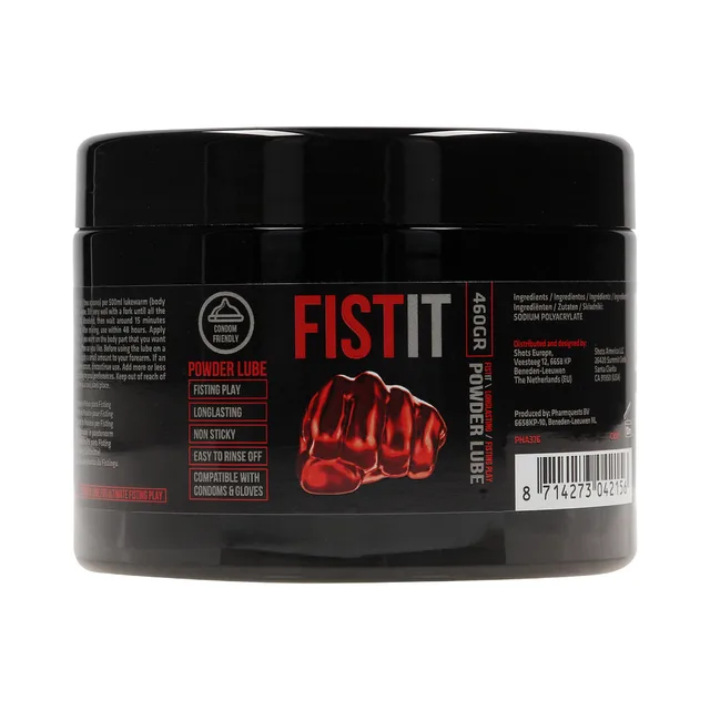 black 16.2 oz Fist It Powder Lube jar with red fist label
