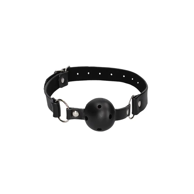 Black perforated ball gag with buckle strap and D-ring