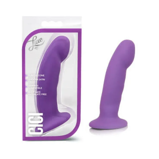 Purple Blush Luxe Cici curved silicone dildo beside retail package