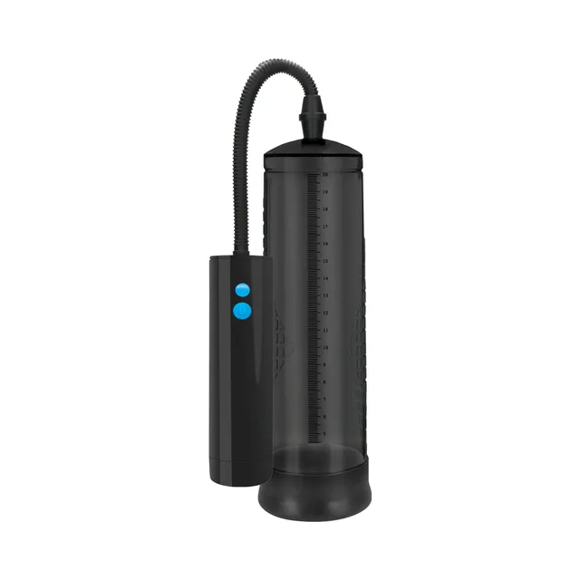 Black penis pump cylinder connected to two-button controller