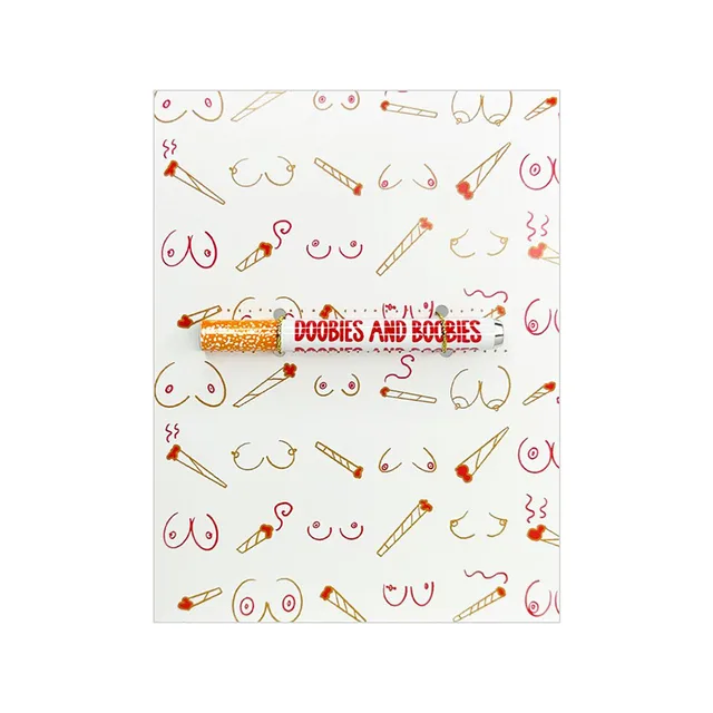 white Doobies and Boobies greeting card with line-art pattern and mounted one-hitter