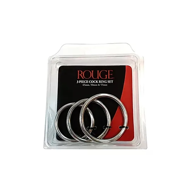 Three polished stainless steel cock rings in clear clamshell package
