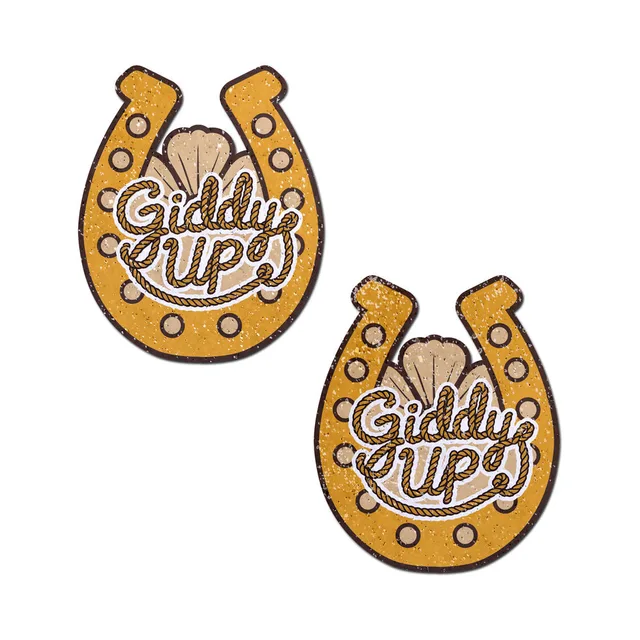Pastease pair of gold-glitter horseshoe pasties with black Giddy Up lettering