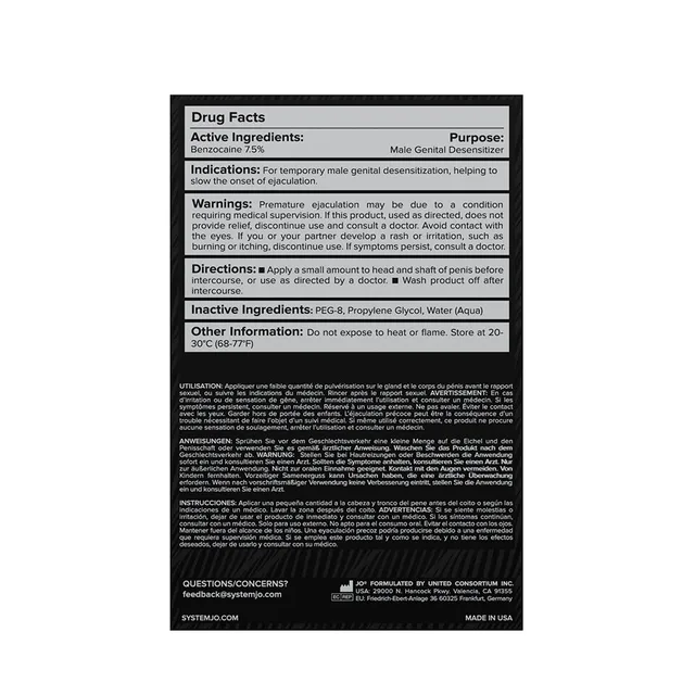 Rear Drug Facts panel for System JO Prolonger benzocaine spray
