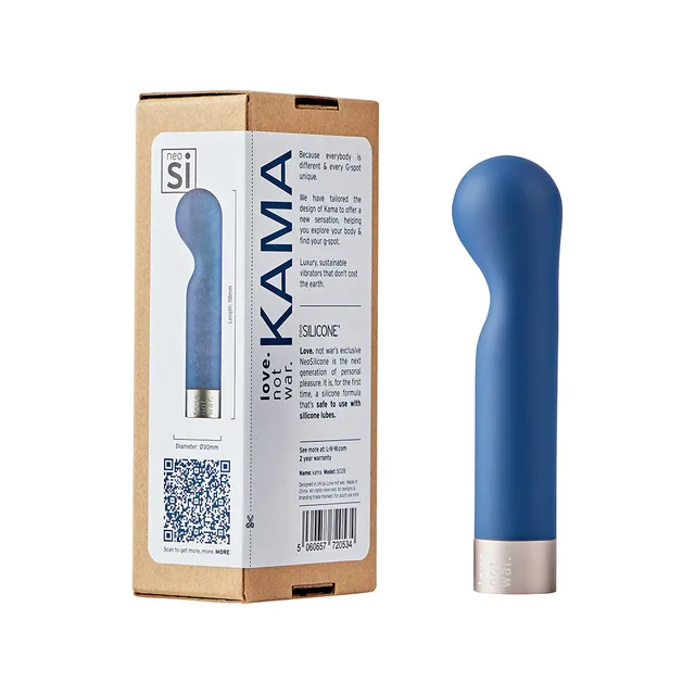 blue Love Not War Kama curved head beside its cardboard retail box